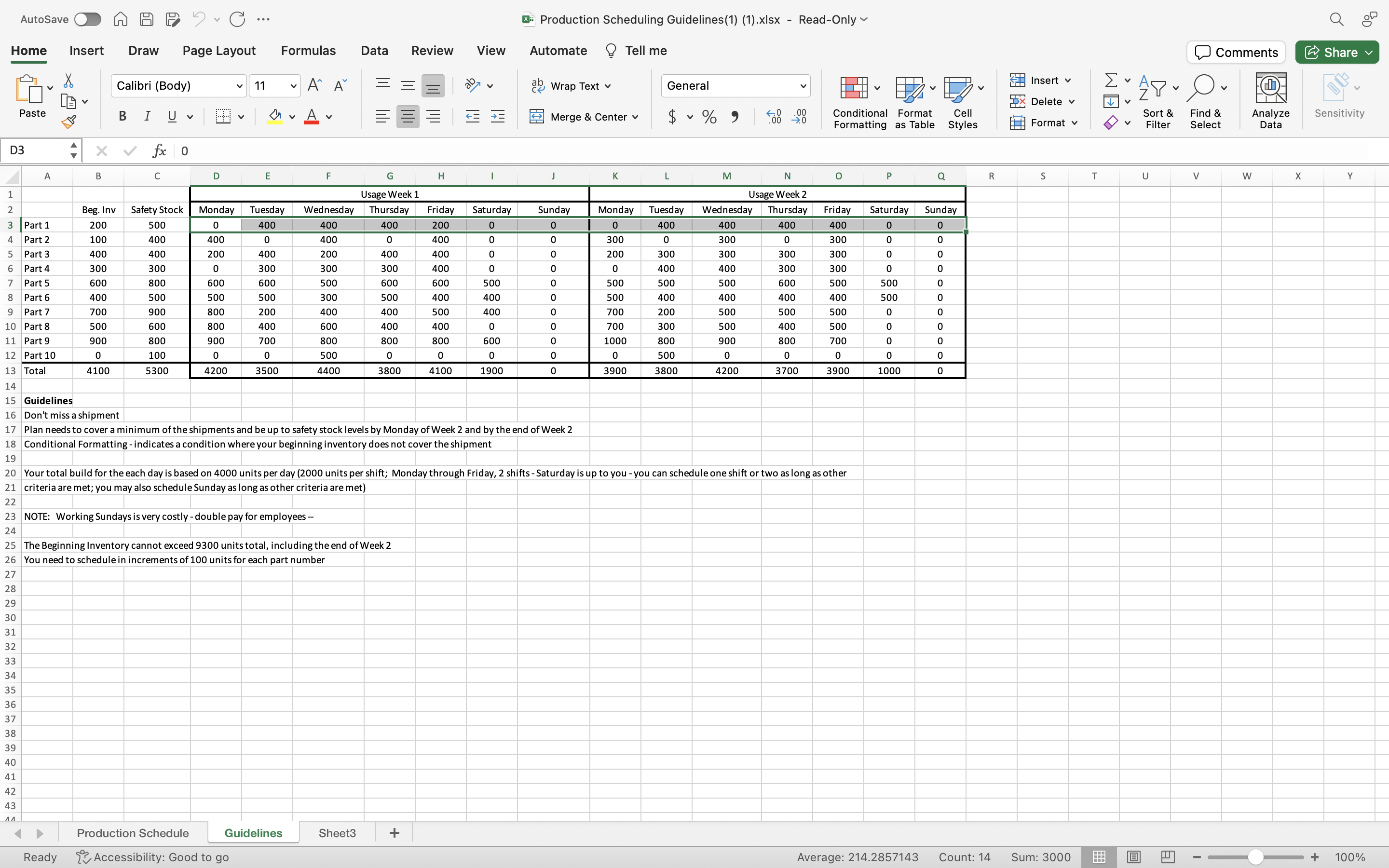 Production Scheduling Spreadsheet