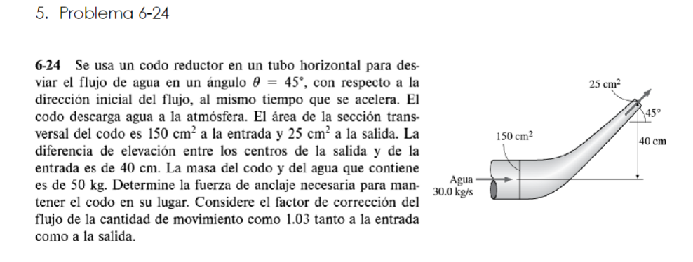 6-24 Se usa un codo reductor en un tubo horizontal para desviar el flujo de agua en un ángulo \( \theta=45^{\circ} \), con re