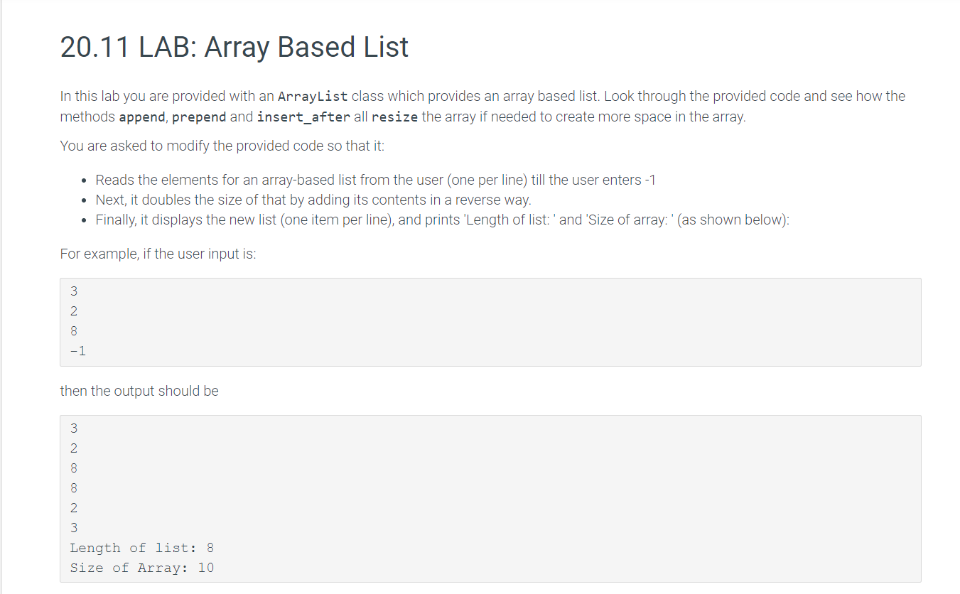 Solved 20.11 LAB: Array Based List In this lab you are | Chegg.com