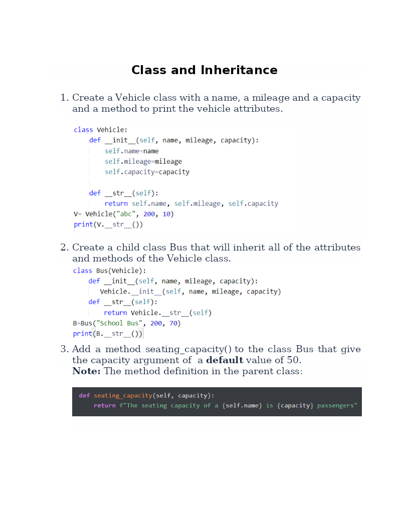 Solved Class and Inheritance 1. Create a Vehicle class with | Chegg.com image.
