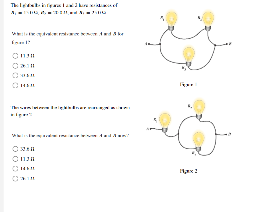 Solved The lightbulbs in figures 1 and 2 have resistances of | Chegg.com