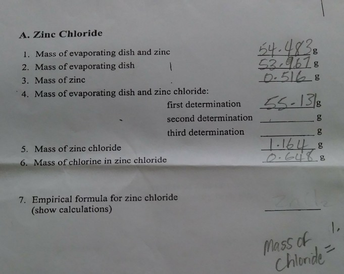Solved A. Zinc Chloride 1. Mass of evaporating dish and zinc