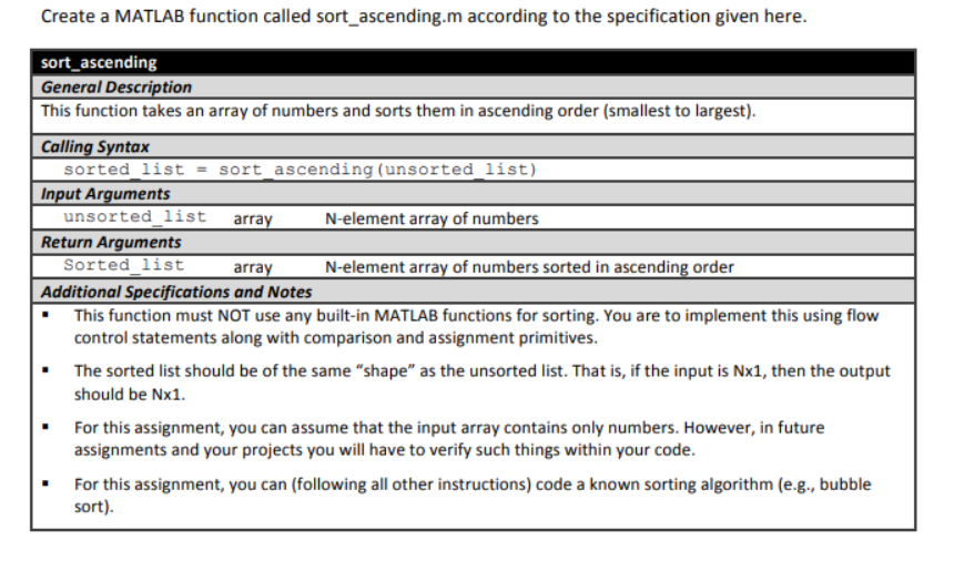 Solved Create a MATLAB function called sort_ascending.m | Chegg.com