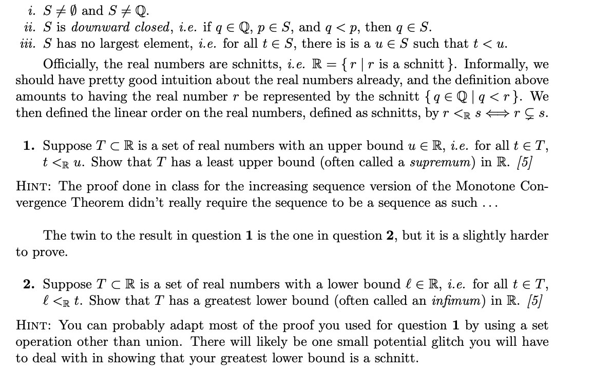 Solved a schnitt, or Dedeking cut, is a set S of rational | Chegg.com