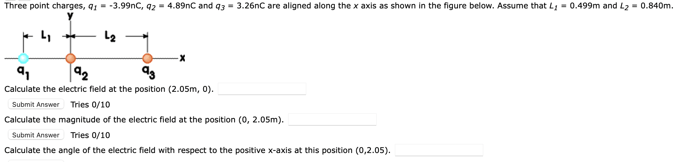 Solved Three point charges, q1 = -3.99nC, 92 : = 4.89nC and | Chegg.com ...