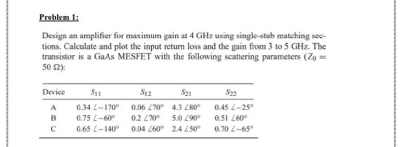 Problem 1: Design an amplifier for maximum gain at 4 | Chegg.com