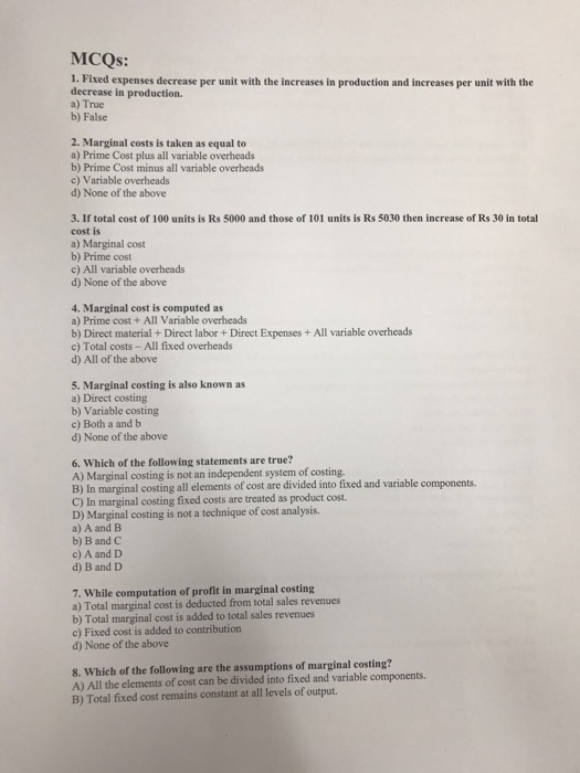 Solved MCQs 1. Fixed expenses decrease per unit with the