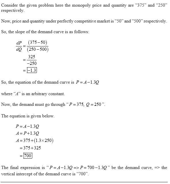 Consider the given problem here the monopoly price and quantity are 375 and 250 respectively. Now, price and quantity und