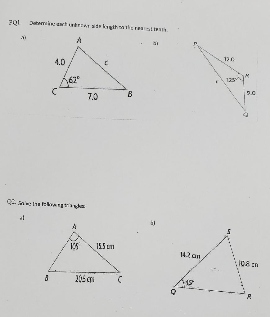 Solved PQ1. Determine each unknown side length to the | Chegg.com