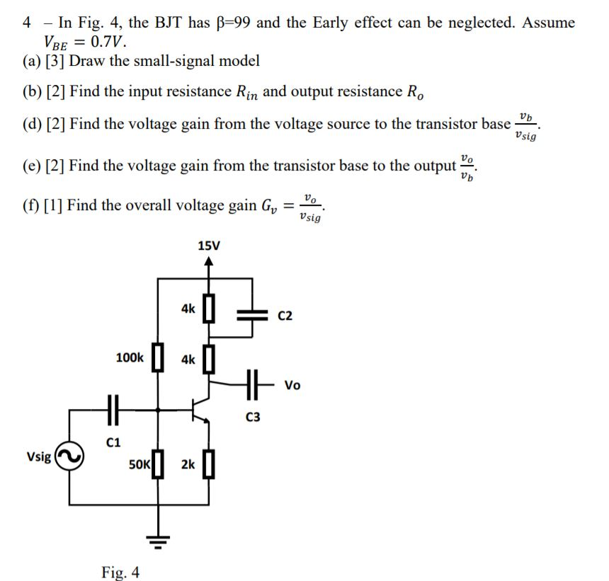 Solved 4 - In Fig. 4, the BJT has B=99 and the Early effect | Chegg.com