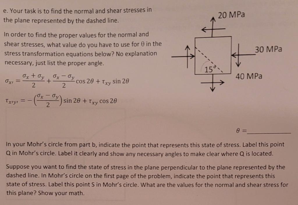 Solved e. Your task is to find the normal and shear stresses | Chegg.com