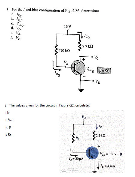 Solved 1 For The Fixed Bias Configuration Of Fig 4 86 Chegg Com