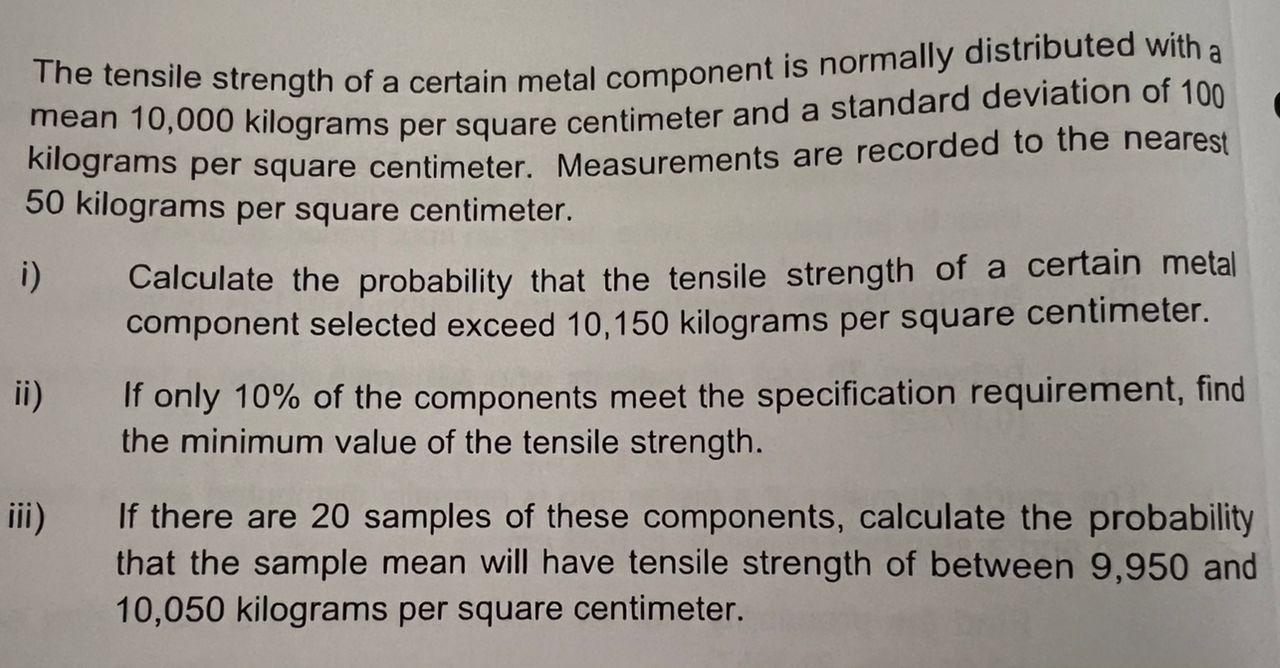 Solved The tensile strength of a certain metal component is