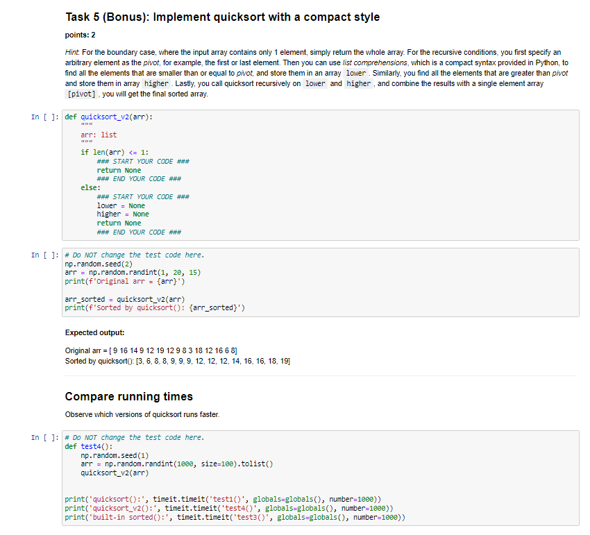 Solved Task 5 (Bonus): Implement quicksort with a compact | Chegg.com