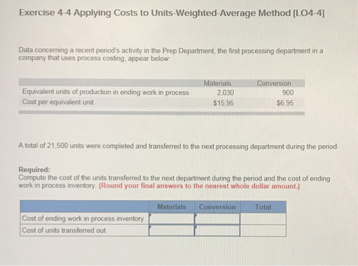 Solved Exercise 4-4 Applying Costs to Units-Weighted-Average | Chegg.com