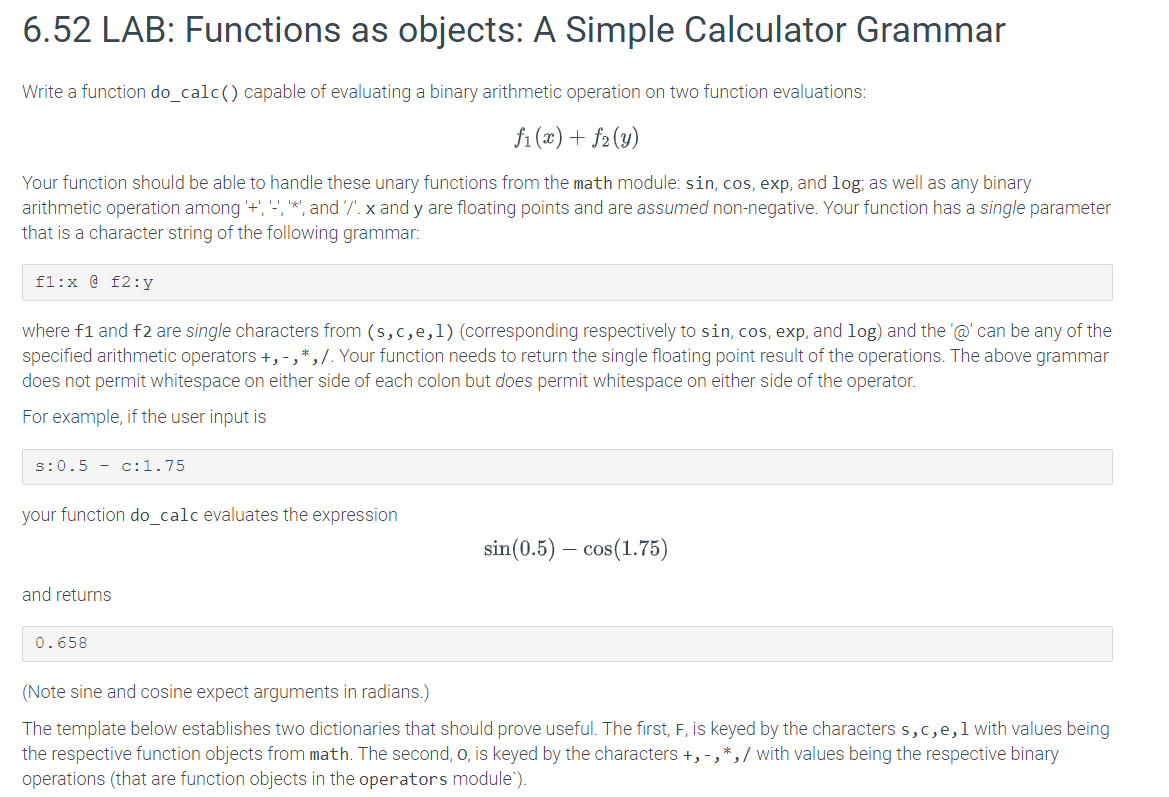 Solved 6.52 LAB: Functions as objects: A Simple Calculator | Chegg.com