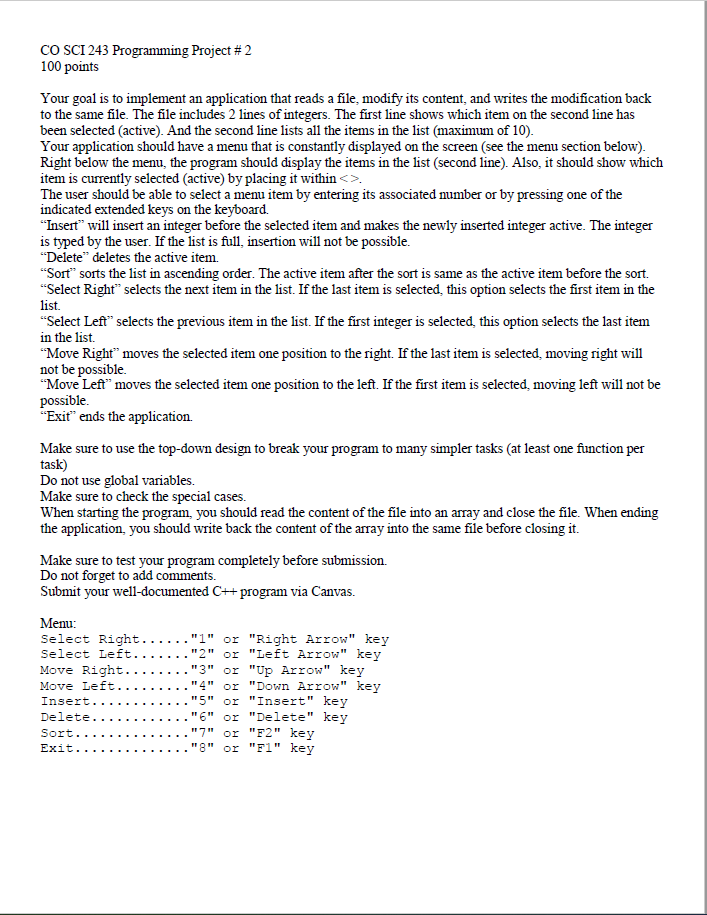 CO SCI 243 Programming Project # 2 100 points Your | Chegg.com
