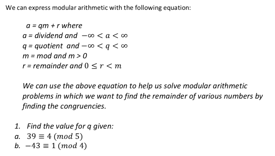 Solved We Can Express Modular Arithmetic With The Followi Chegg Com