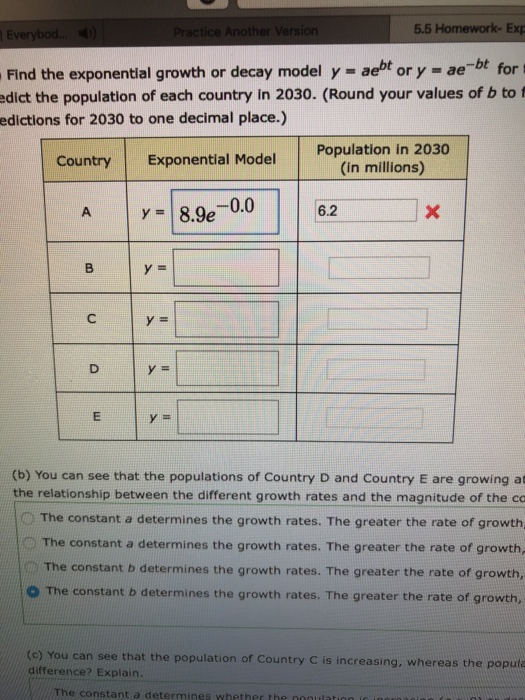 Solved Find the exponential growth or decay model y=ae^bt or | Chegg.com