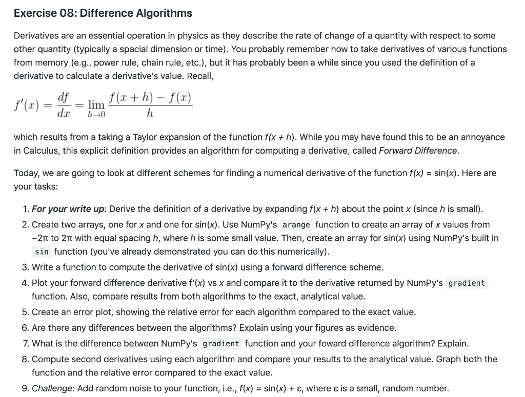 Exercise 08: Difference Algorithms Derivatives are an | Chegg.com