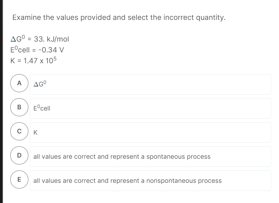 Solved Examine the values provided and select the incorrect | Chegg.com