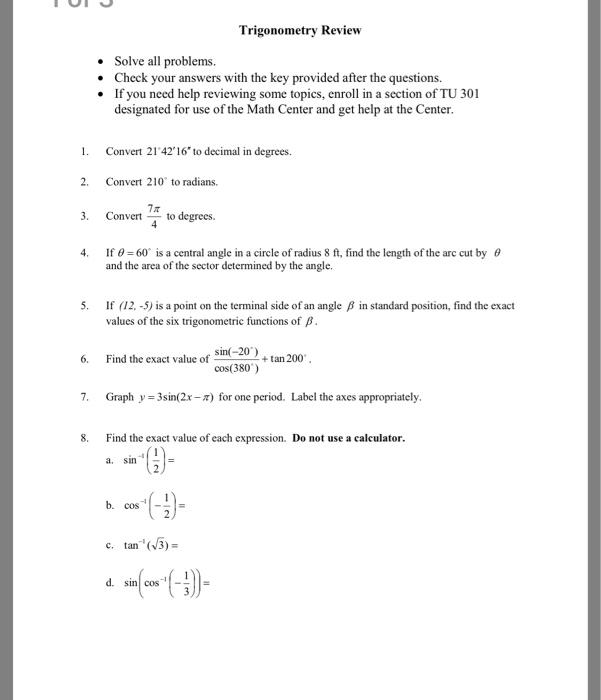 Solved Trigonometry Review Solve all problems. Check your | Chegg.com
