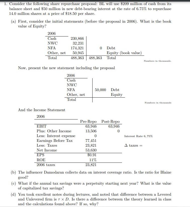 Solved 1. Consider the following share repurchase proposal: | Chegg.com