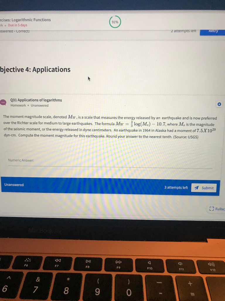Solved rcises: Logarithmic Functions Due in 5 days 91% rk | Chegg.com