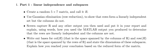 1. Part 1 linear independence and subspaces Create Chegg