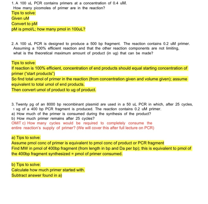 Solved 1. A 100 uL PCR contains primers at a concentration
