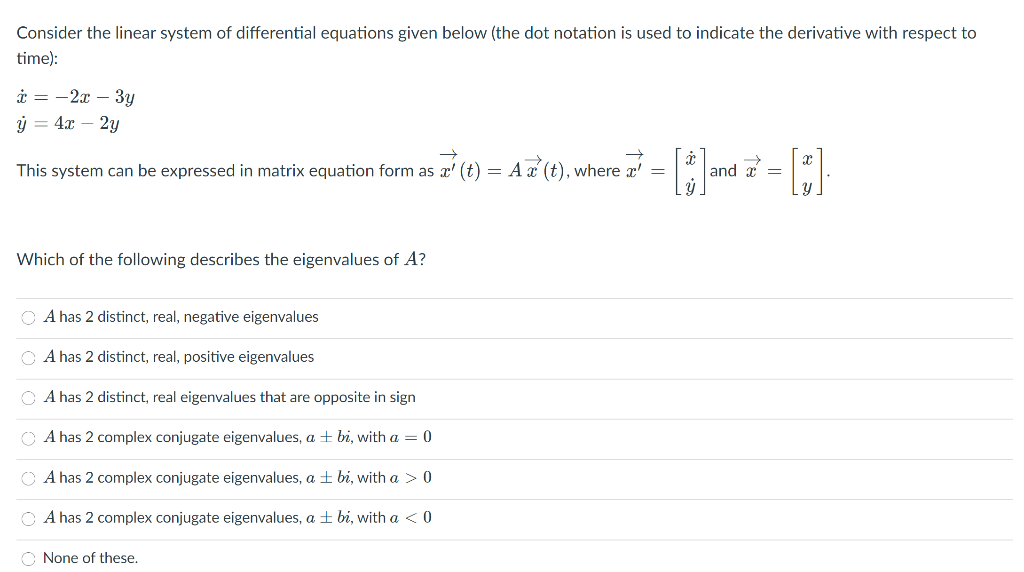 Solved Consider the linear system of differential equations | Chegg.com