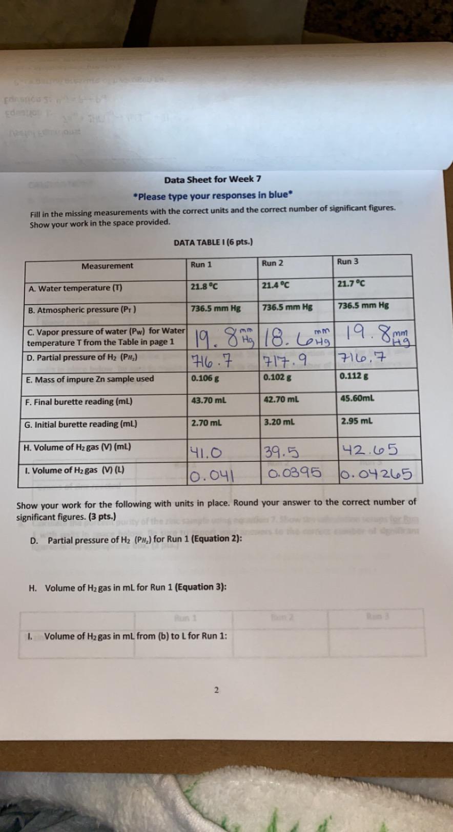 Solved Data Sheet for Week 7 *Please type your responses in | Chegg.com