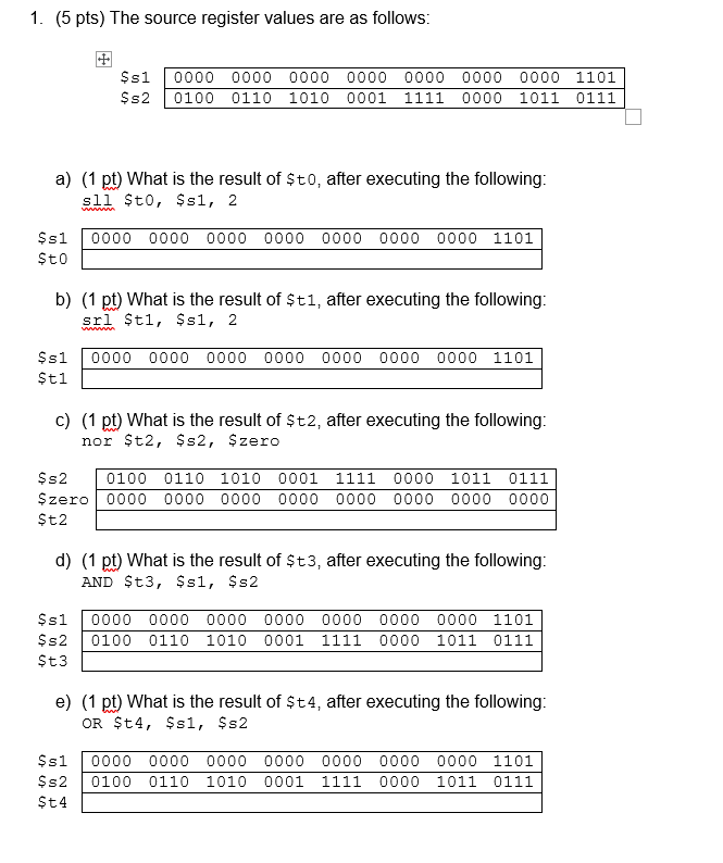 Solved 1. (5 pts) The source register values are as follows: | Chegg.com