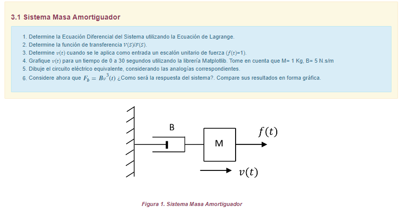 3.1 Sistema Masa Amortiguador 1. Determine la Ecuación Diferencial del Sistema utilizando la Ecuación de Lagrange. 2. Determi