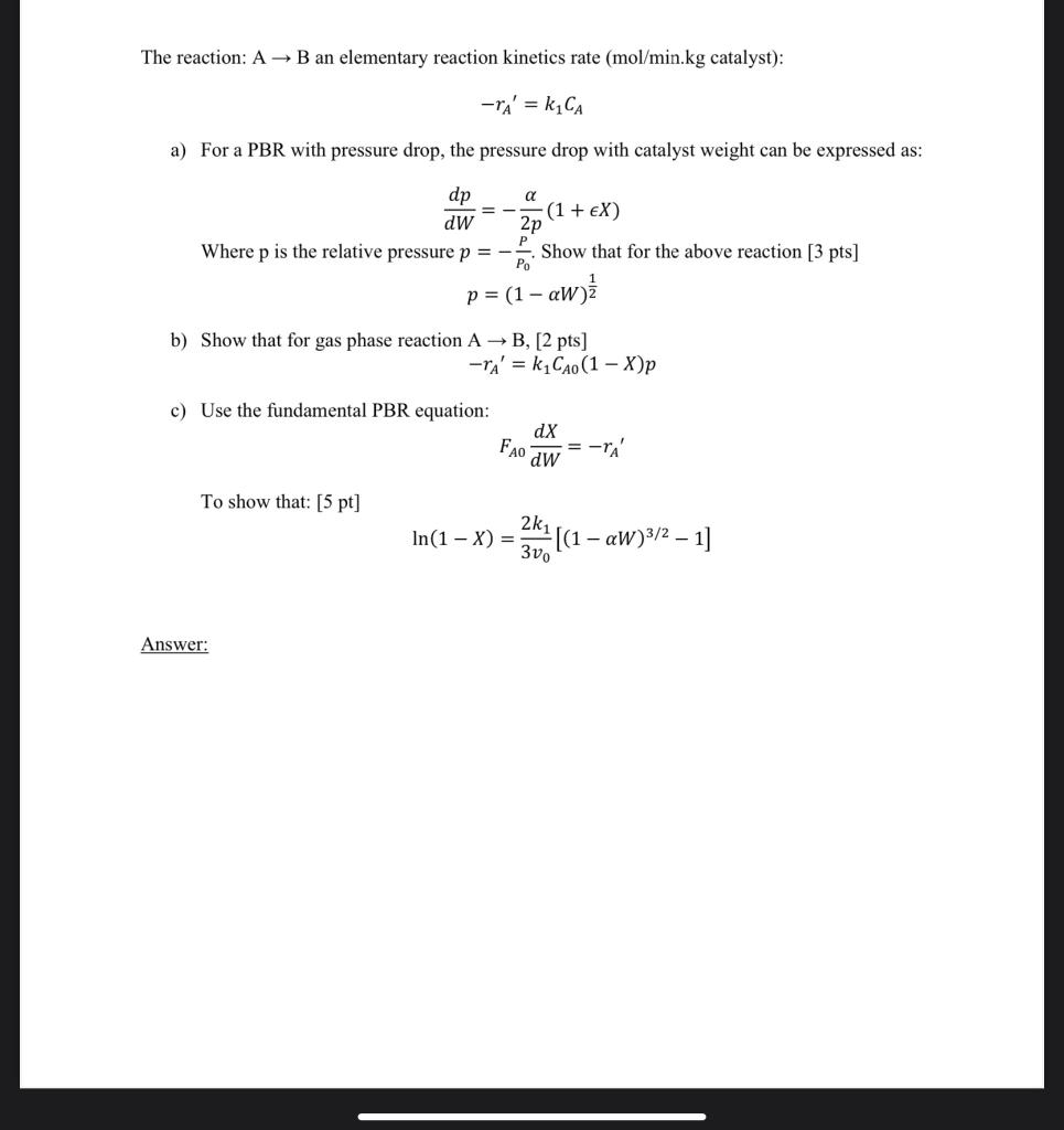 Solved The Reaction: A→B An Elementary Reaction Kinetics | Chegg.com