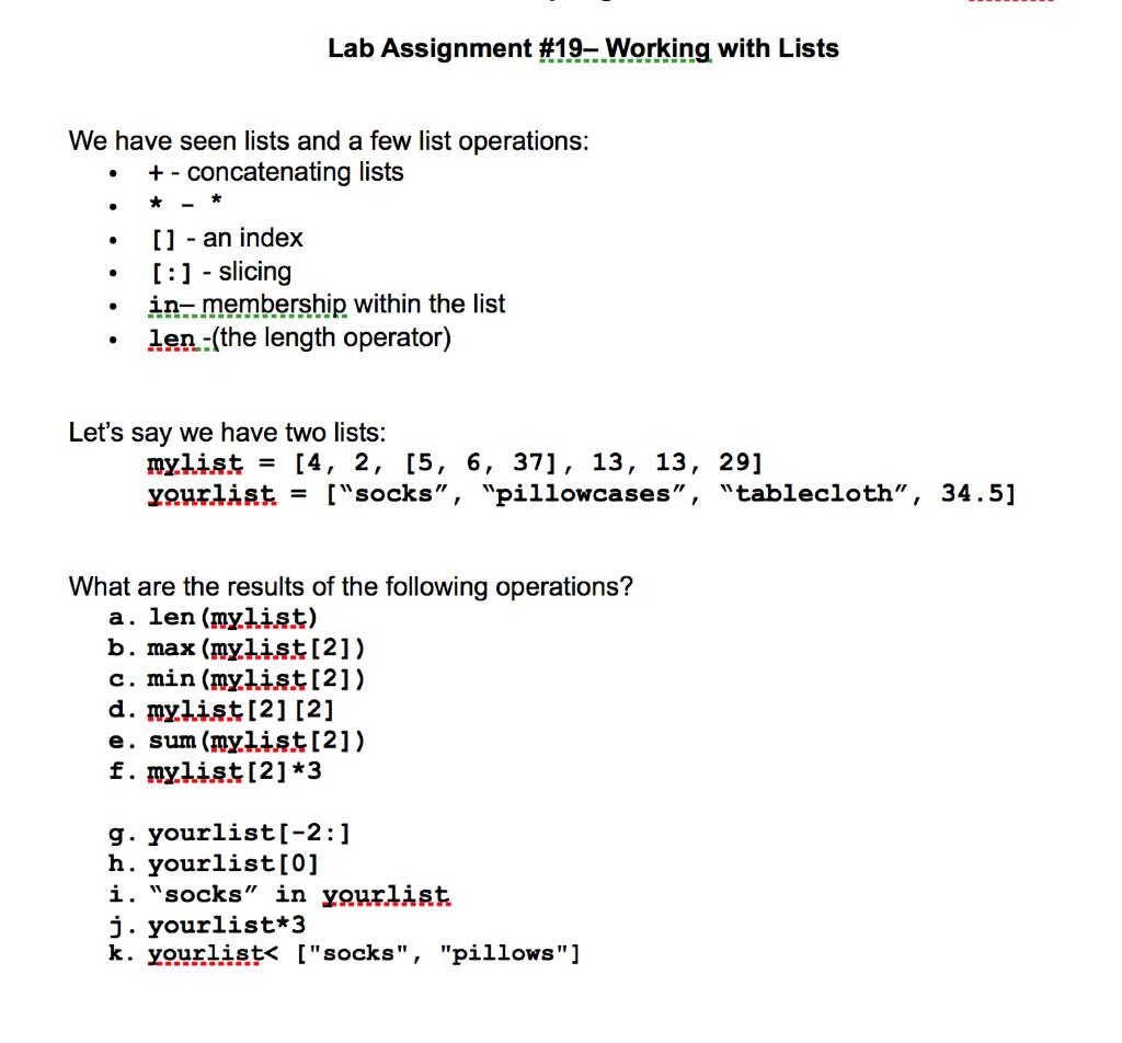 Solved Lab Assignment #19- Working with Lists We have seen | Chegg.com