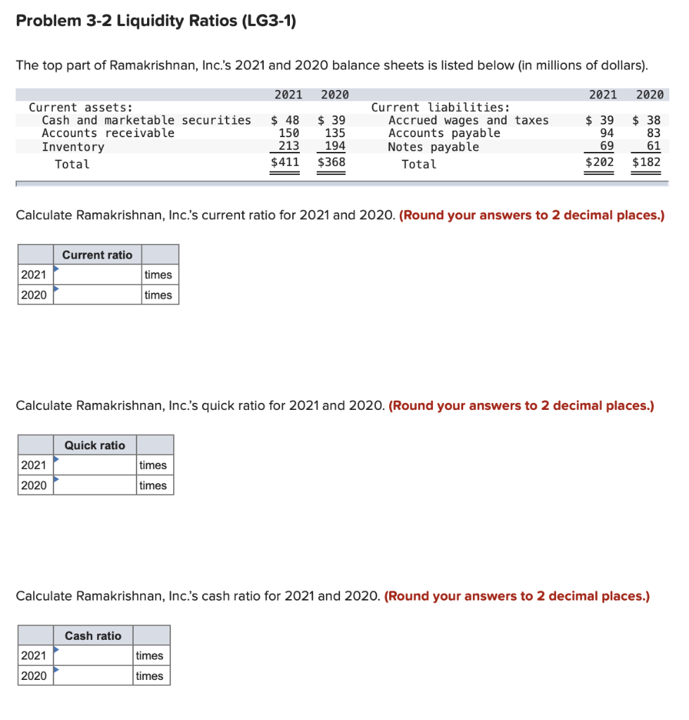 Solved Problem 3-2 Liquidity Ratios (LG3-1) The Top Part Of | Chegg.com