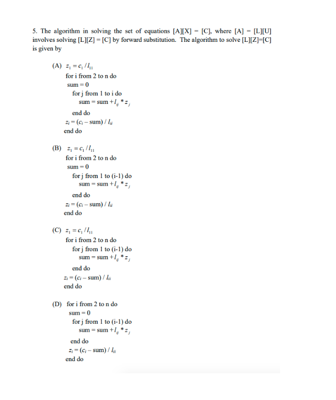 Solved 5. The algorithm in solving the set of equations | Chegg.com