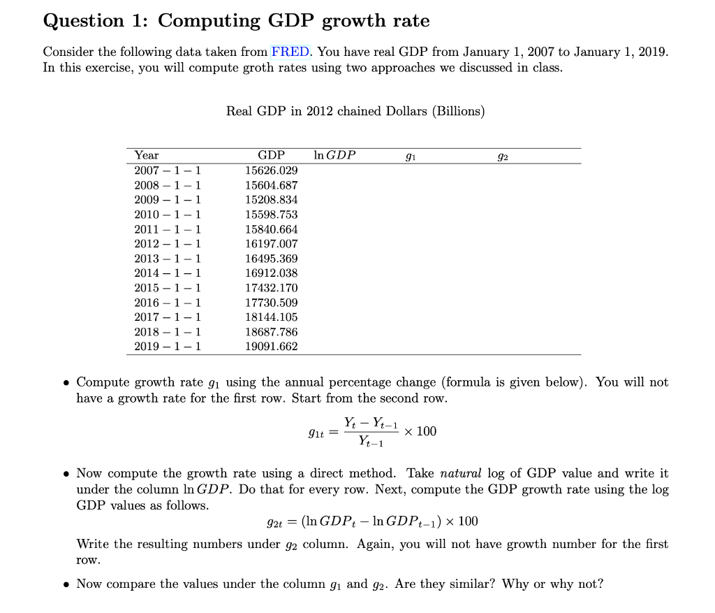 Question 1: Computing GDP growth rate Consider the | Chegg.com