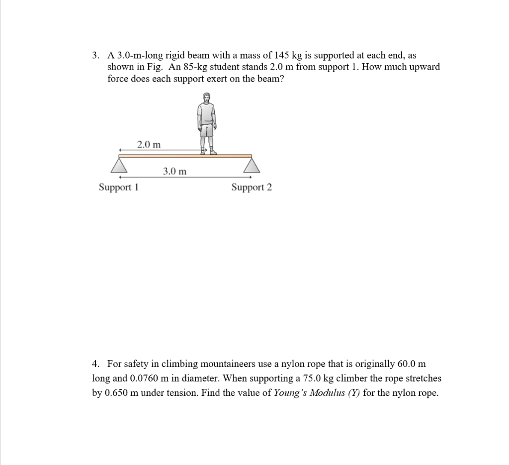 Solved 3. A 3.0mlong rigid beam with a mass of 145 kg is