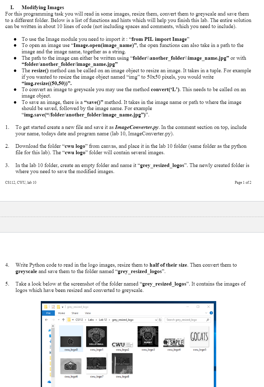 Solved I. Modifying Images For this programming task you | Chegg.com