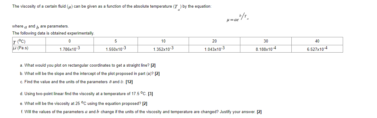 Solved The viscosity of a certain fluid (u) can be given as | Chegg.com