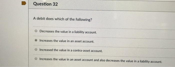 Solved Question 32 A debit does which of the following? O | Chegg.com
