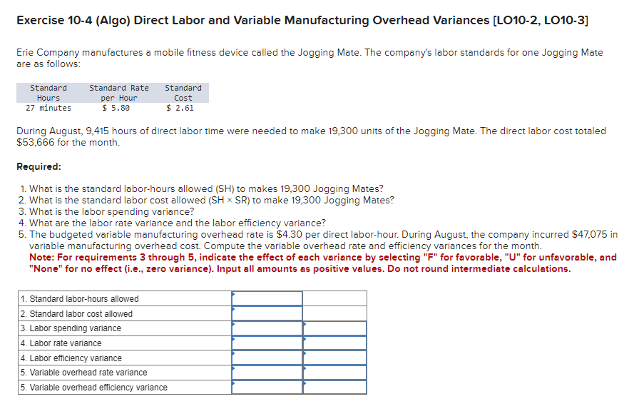 Solved Exercise 10-4 (Algo) Direct Labor And Variable | Chegg.com