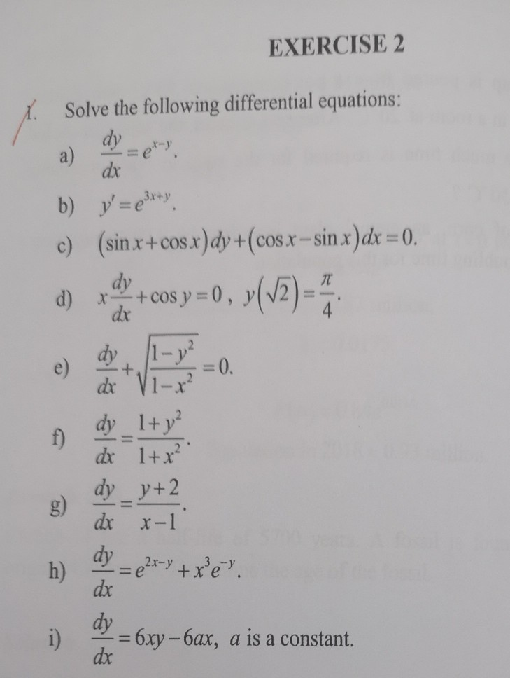 Solved Exercise 2 Solve The Following Differential | Chegg.com