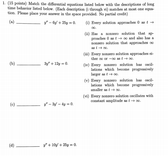 Solved 1. (15 points) Match the differential equations | Chegg.com