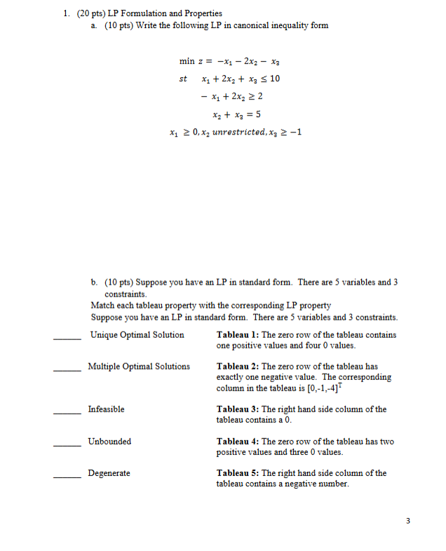 Lp Problem Mathematic Formulation Solved 1. (20 pts) LP Formulation and Properties a. (10 pts) | Chegg.com