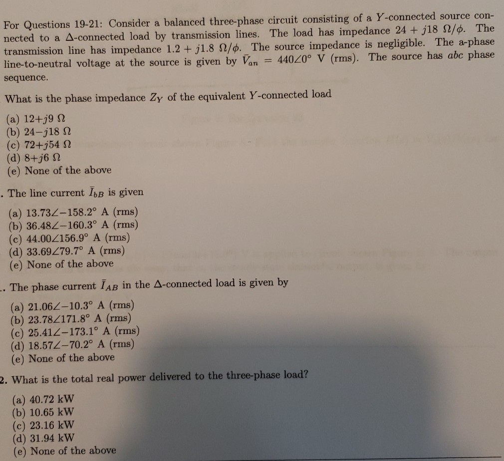Solved For Questions 19-21: Consider a balanced three-phase | Chegg.com