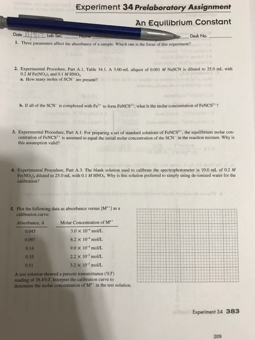 experiment 34 an equilibrium constant pre lab answers