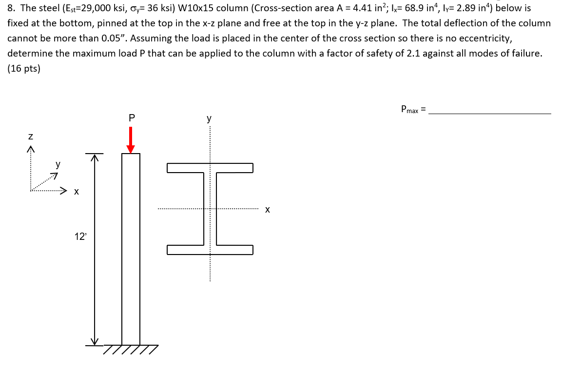 Solved 8. The steel (Est=29,000 ksi, Oy= 36 ksi) W10x15 | Chegg.com